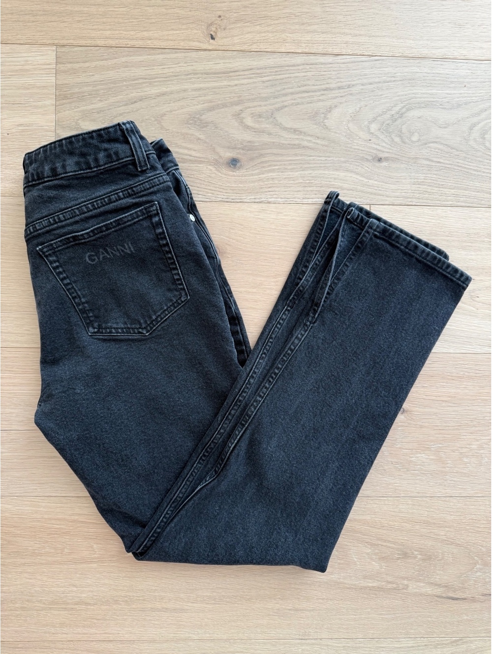 GANNI High Rise Straight Leg Black Jeans Side Slit Hem Size 29
